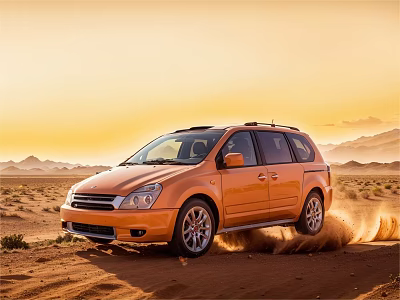 Orange SUV Off Road Driving In Desert At Sunset With Mountain Background 3d model