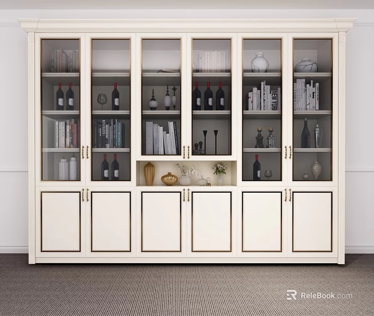 Elegant White Wine Cabinet With Glass Doors Displaying Wine Bottles Books And Decorative Items 3d model 
