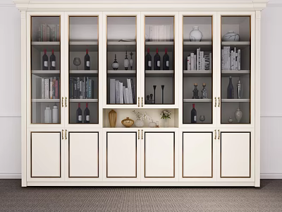 Elegant White Wine Cabinet With Glass Doors Displaying Wine Bottles Books And Decorative Items 3d model