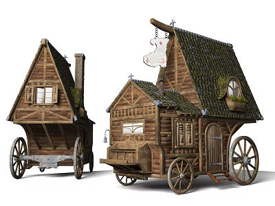 Two Wooden House Carriages With Sloped Mossy Roofs Windows Chimney And Wheels 3d model