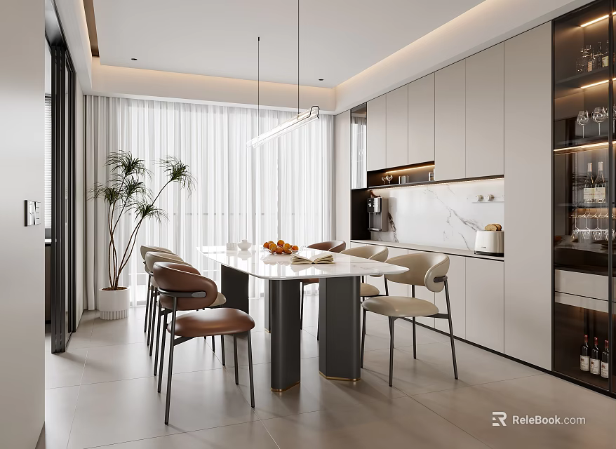 Modern Restaurant Interior With Open Layout Dining Table Chairs Pendant Lights And Green Plants 3d model 