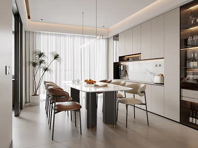 Modern Restaurant Interior With Open Layout Dining Table Chairs Pendant Lights And Green Plants 3d model