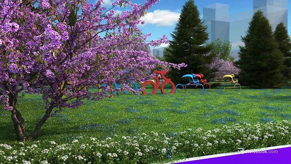 Park Landscape With Purple Flowering Tree Lush Green Grass And Colorful Bicycle Sculptures 3d model 
