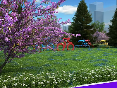 Park Landscape With Purple Flowering Tree Lush Green Grass And Colorful Bicycle Sculptures 3d model