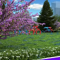 Park Landscape With Purple Flowering Tree Lush Green Grass And Colorful Bicycle Sculptures