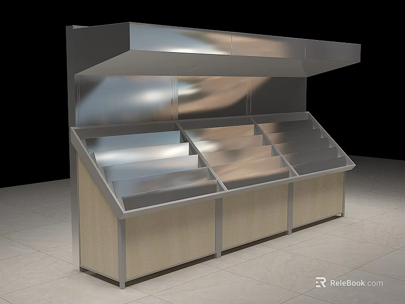 Retail Display Shelving Unit With Metallic Top And Wooden Cabinet Layers For Product Showcase 3d model 