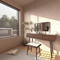 Modern Dressing Table With Mirror Lamp Potted Plant And Stool By Window With Blinds