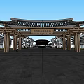 Chinese style Entrance Gate with Arched Wooden Structure Palm Trees And Modern Building In Stone Square