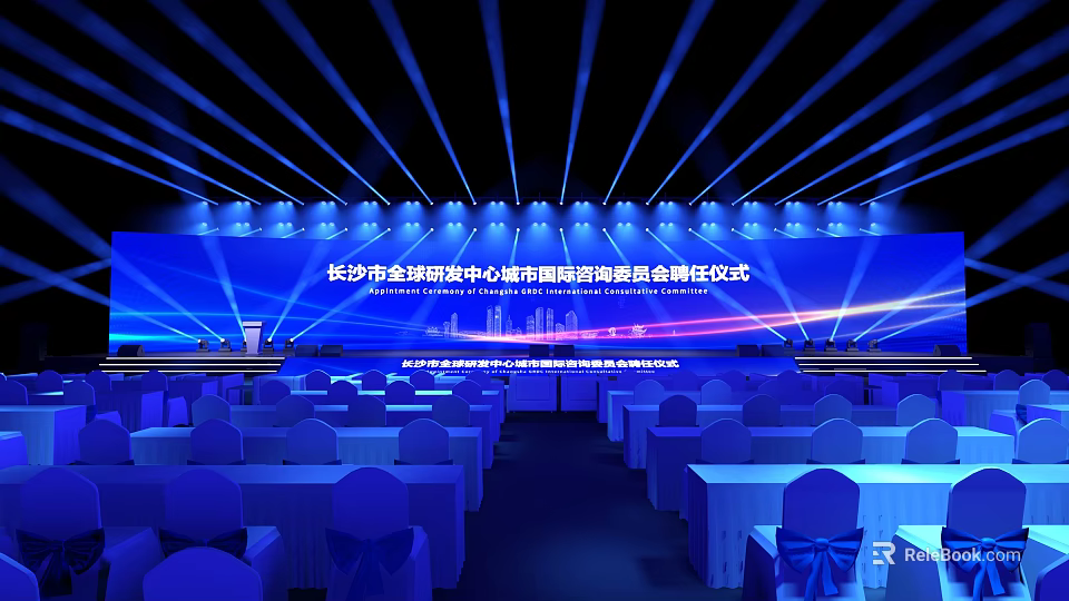 Ballroom Interior With Blue Backdrop Lighting And Ceremony Tables Chairs Setup 3d model 
