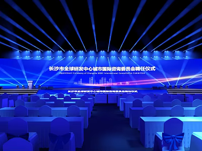 Ballroom Interior With Blue Backdrop Lighting And Ceremony Tables Chairs Setup 3d model