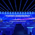 Ballroom Interior With Blue Backdrop Lighting And Ceremony Tables Chairs Setup 3d model