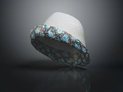 White Linen Hat With Blue Floral Pattern On Brim For Summer Fashion Look 3d model