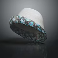 White Linen Hat With Blue Floral Pattern On Brim For Summer Fashion Look