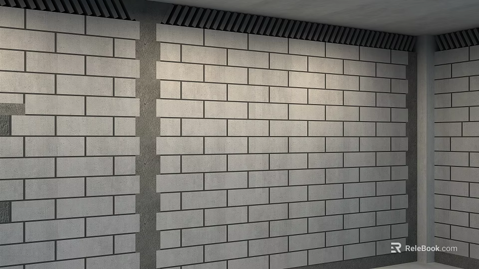 Construction Site Wall Structure Featuring Gray Bricks And Black Striped Sections 3d model