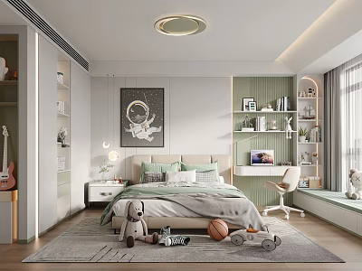 Modern Kids Room Interior Design With Bed Teddy Bear Basketball Bookshelves Moon Poster And Rug 3d model