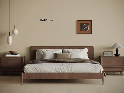 Modern Double Bed In Neutral Tones With Wooden Bedside Tables Framed Picture And Pendant Lights 3d model