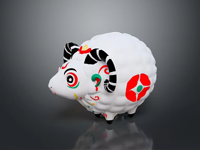 White Sheep Figurine With Colorful Patterns Red Flower Green Accents And Black Horns 3d model