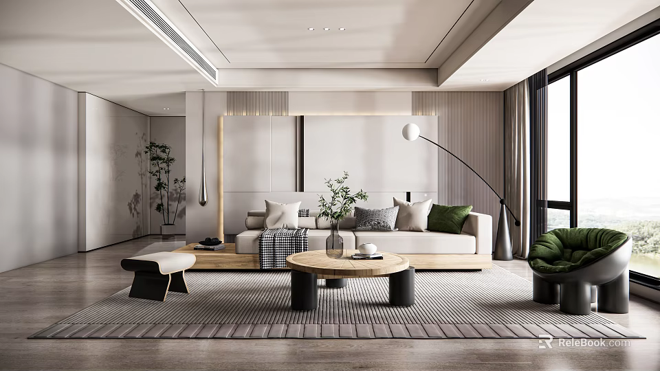 Modern Living Room Interior With Beige Sofa Green Cushions Round Coffee Table And Floor Lamp 3d model 