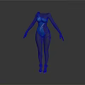 Woman Wearing Blue One Piece Bodysuit With Black Long Sleeves And Black Tights