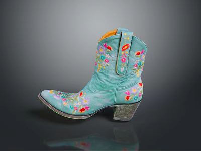 Elegant Turquoise Women's Boot With Colorful Floral Embroidery And Block Heel 3d model