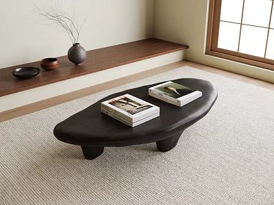 Minimalist Living Room Interior With Irregular Shaped Black Coffee Table And Books On Top 3d model
