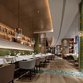 Elegant Restaurant Interior With Wooden Decor Chandeliers Dining Tables And Green Plants