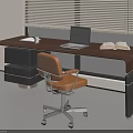 Modern Office Desk and Leather Chair With Wooden Top in Bright Room With Window Blinds