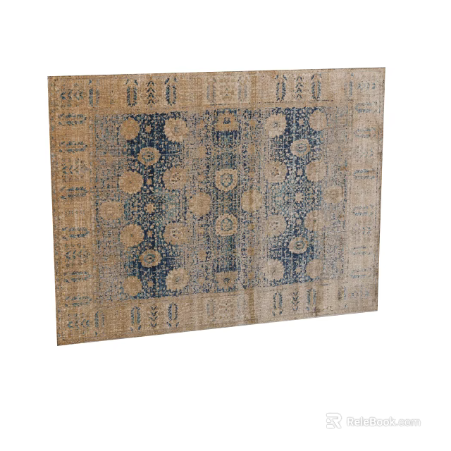 Traditional Square Rug With Beige Base And Blue Intricate Pattern Design 3d model 