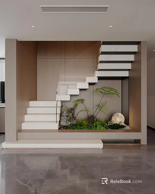 Modern Staircase Interior Design With White Steps Green Plants And Stone 3d model