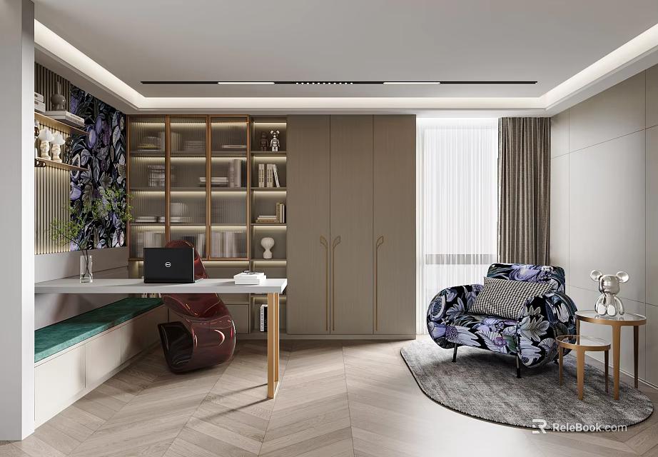 Modern Study Room Interior With Bookcase Desk And Comfortable Chair 3d model