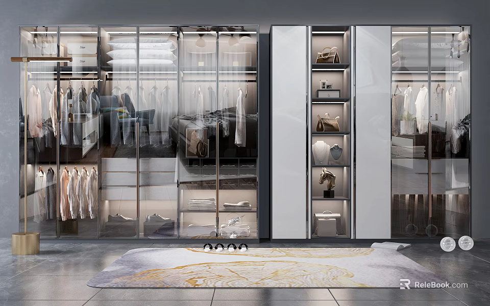 Modern Wardrobe Design With Glass Doors Hanging Rods Drawers And Storage Shelves 3d model 