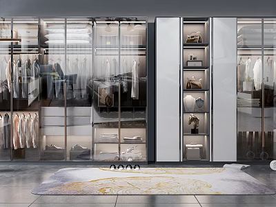 Modern Wardrobe Design With Glass Doors Hanging Rods Drawers And Storage Shelves 3d model