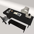 Modern Black Desk Interior With Open Book Magazine Gold Bowl And White Chair