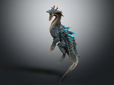 Mythical 3D Dragon Creature with Horns Sharp Teeth and Blue Spikes in Fierce Pose 3d model