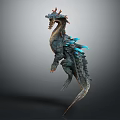 Mythical 3D Dragon Creature with Horns Sharp Teeth and Blue Spikes in Fierce Pose