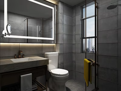 Modern Minimalist Gray Tiled Bathroom With Backlit LED Mirror Vanity And Glass Shower Design 3d model