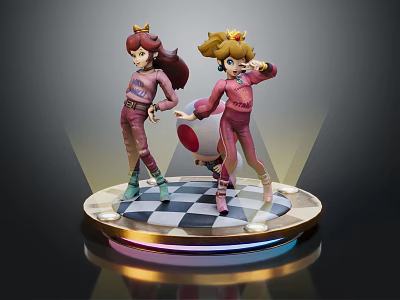 Peach And Daisy Game Characters In Pink Outfits Standing On Round Checkered Platform With Lights 3d model