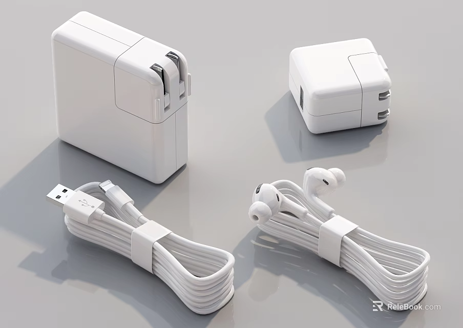White Mobile Phone Accessories With Wall Chargers USB Data Cables And Earbuds 3d model 