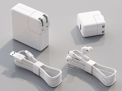 White Mobile Phone Accessories With Wall Chargers USB Data Cables And Earbuds 3d model