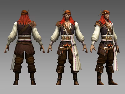 Game Movie Character Pirate Style Design With Red Hair Belt Boots And Decorations 3d model