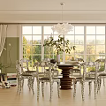 Elegant Dining Room Interior With Wooden Table Patterned Chairs Chandelier Large Windows And Green Plants