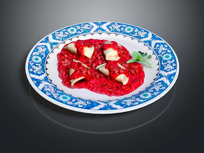 Delicious Dumplings Served on Blue and White Patterned Plate With Red Sauce and Green Garnish 3d model