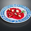 Delicious Dumplings Served on Blue and White Patterned Plate With Red Sauce and Green Garnish