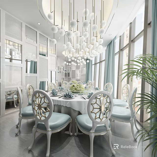 Elegant White Dining Box Interior With Round Table Blue Seats Chandeliers And Green Plants 3d model 