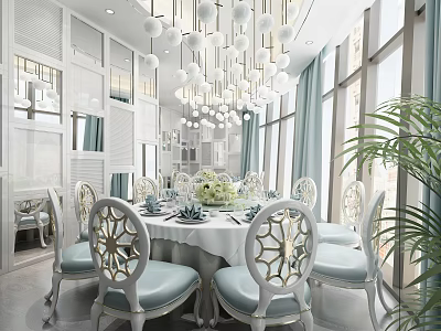 Elegant White Dining Box Interior With Round Table Blue Seats Chandeliers And Green Plants 3d model