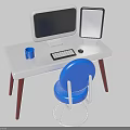 Practical Home Workstation With White Desk Blue Chair Computer Monitor Tablet Keyboard Mouse And Mug