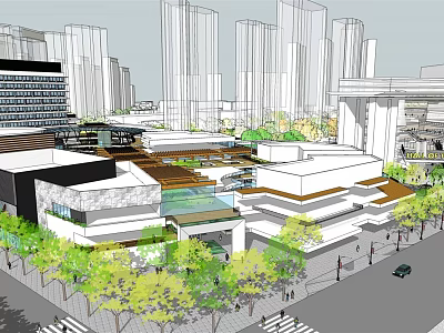 Modern Commercial Street With Contemporary Architecture Greenery And Open Pedestrian Areas 3d model