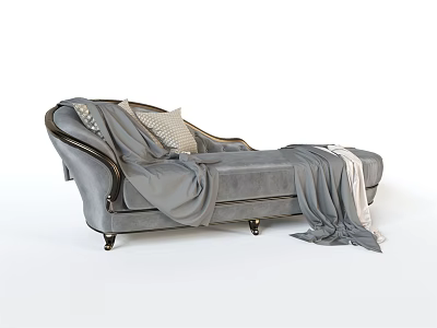 Elegant Gray Chaise Lounge With Wooden Armrests Blanket And Pillow 3d model