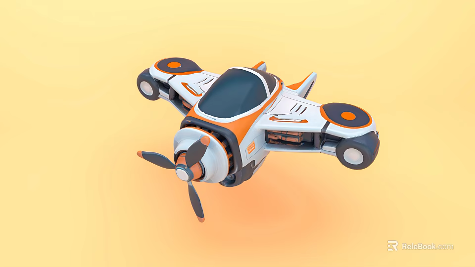 Cartoon Style Toy Airplane With White Orange Body Black Propeller And Four Wheels 3d model 