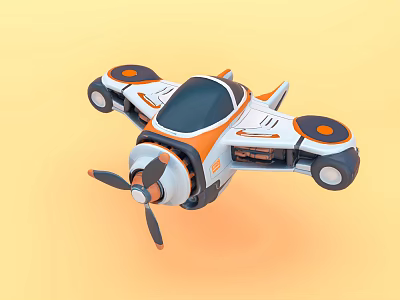 Cartoon Style Toy Airplane With White Orange Body Black Propeller And Four Wheels 3d model